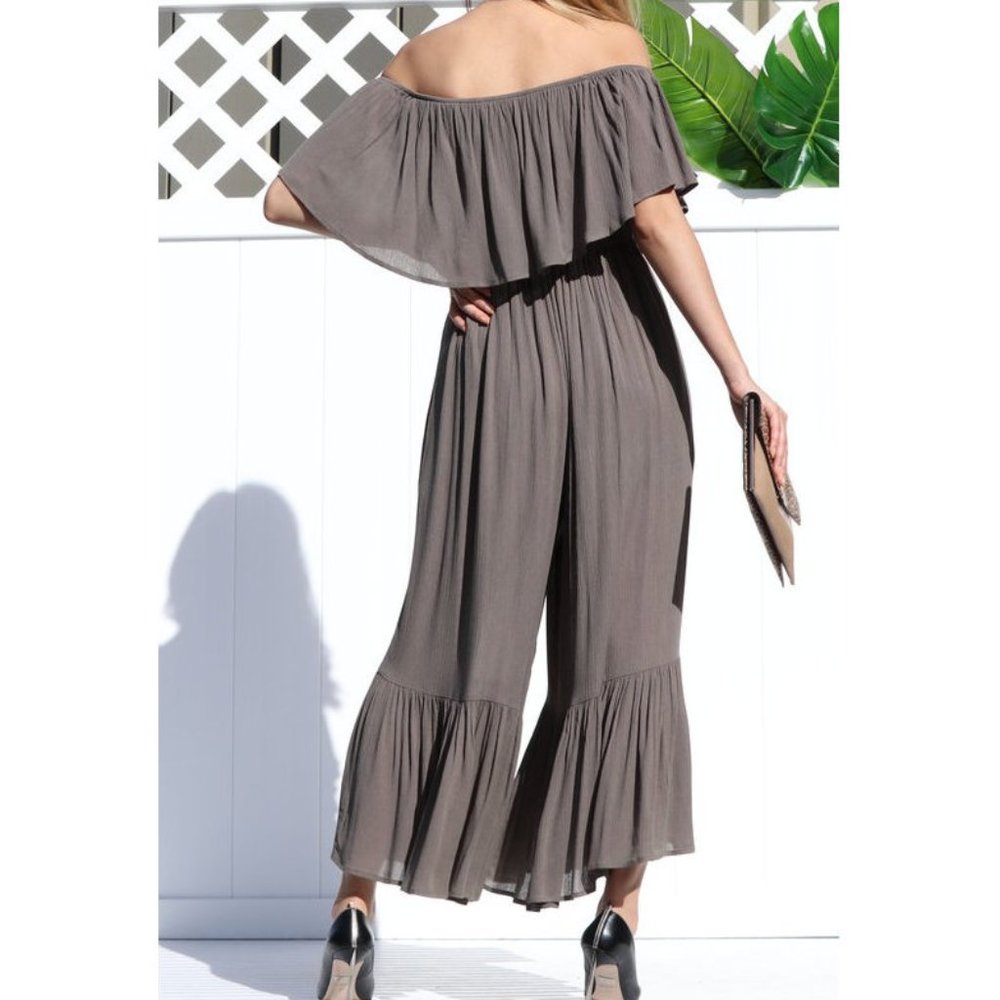 Boho Off Shoulder Ruffle Wide Leg Jumpsuit Jumper - Picture 6 of 6
